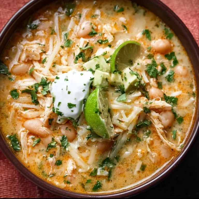Bowl of homemade White Chicken Chili garnished with cilantro and lime