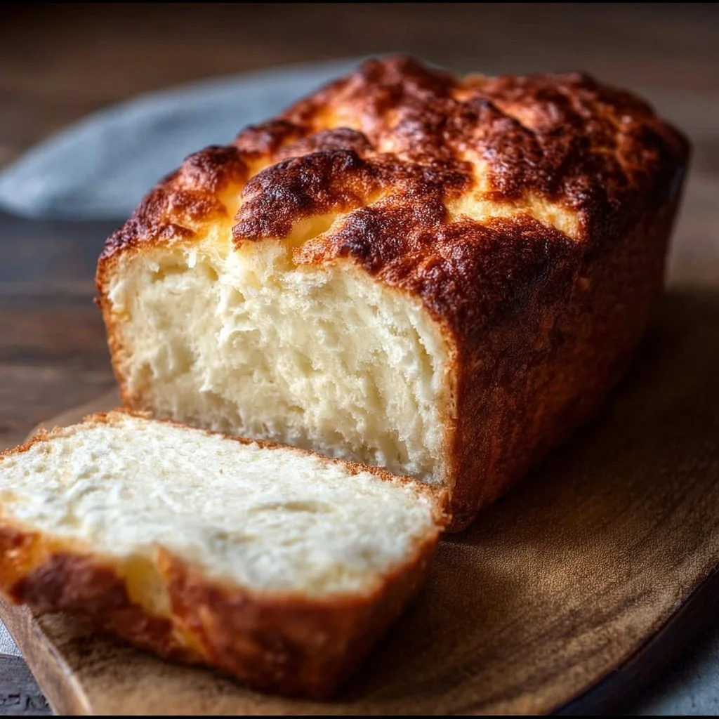 Freshly baked Zero Carb Yogurt Bread on a wooden cutting board.