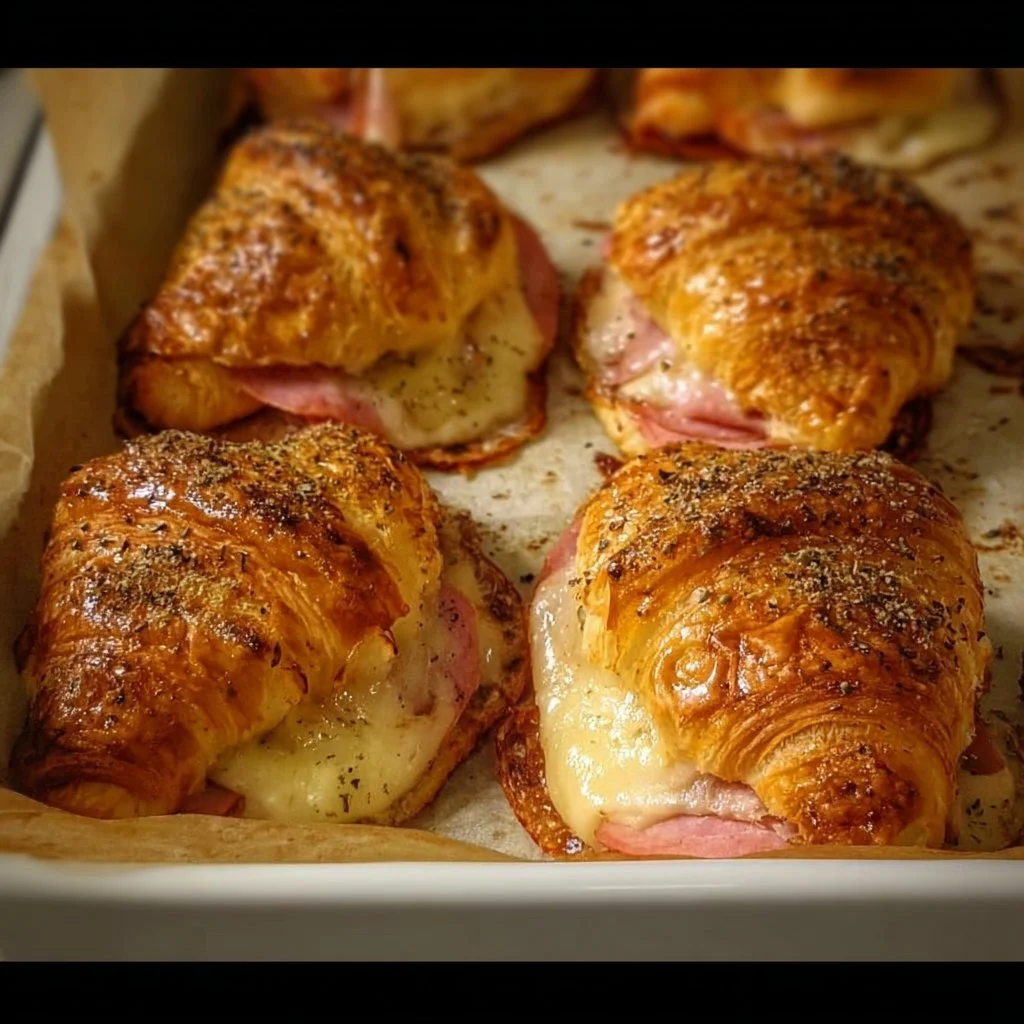 Freshly baked ham and cheese croissants on a wooden table