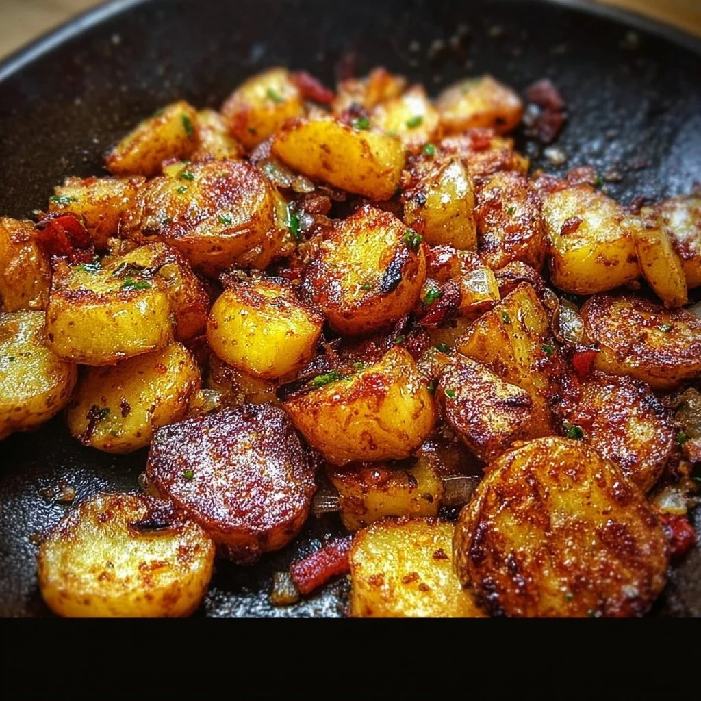 Bowl of crispy Bangin' Breakfast Potatoes topped with herbs and spices