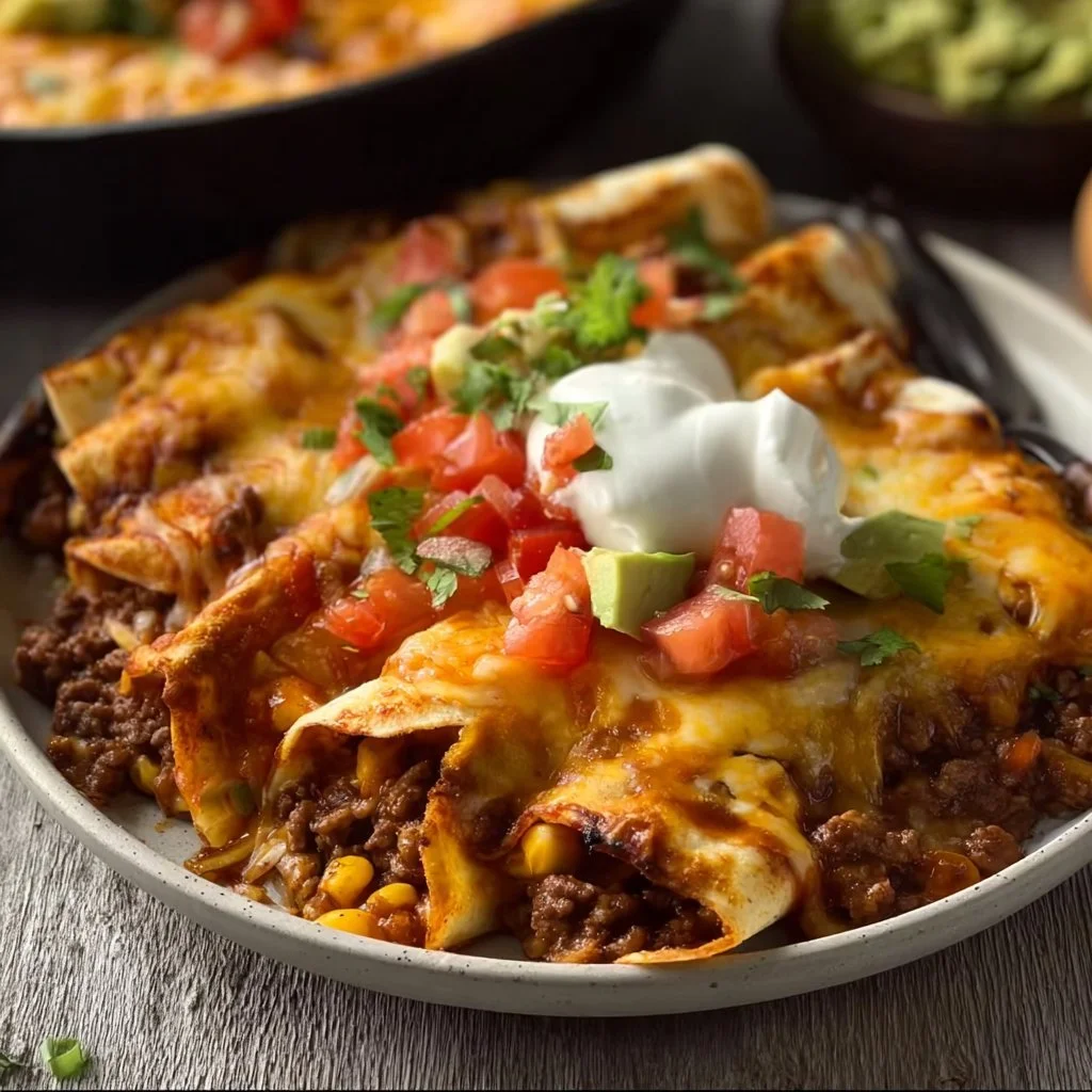 A delicious plate of beef enchiladas topped with cheese and garnished with cilantro.