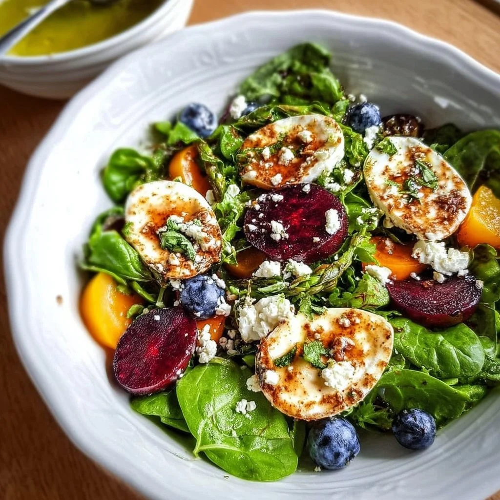 Easter Spring Salad with Goat Cheese, colorful vegetables and herbs.