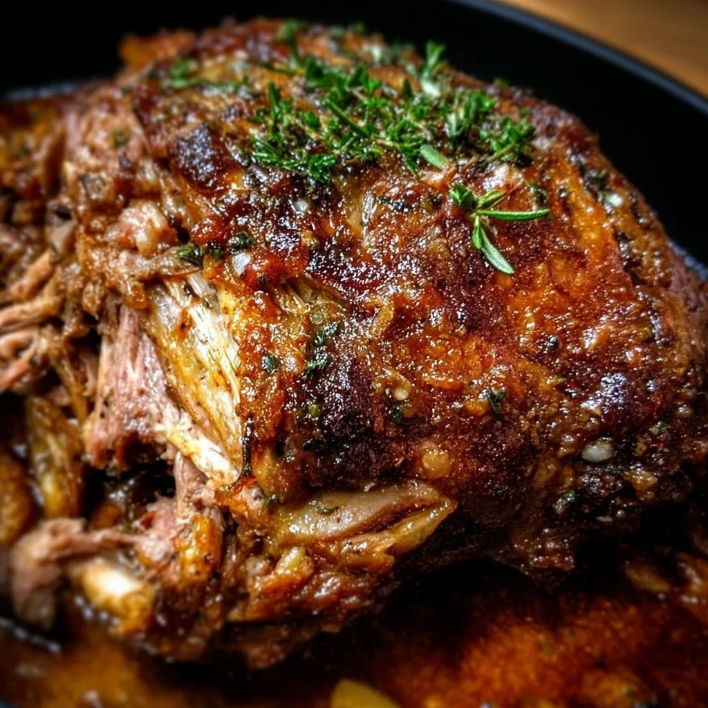 Bone-In Slow Roast Leg of Lamb served with herbs and vegetables