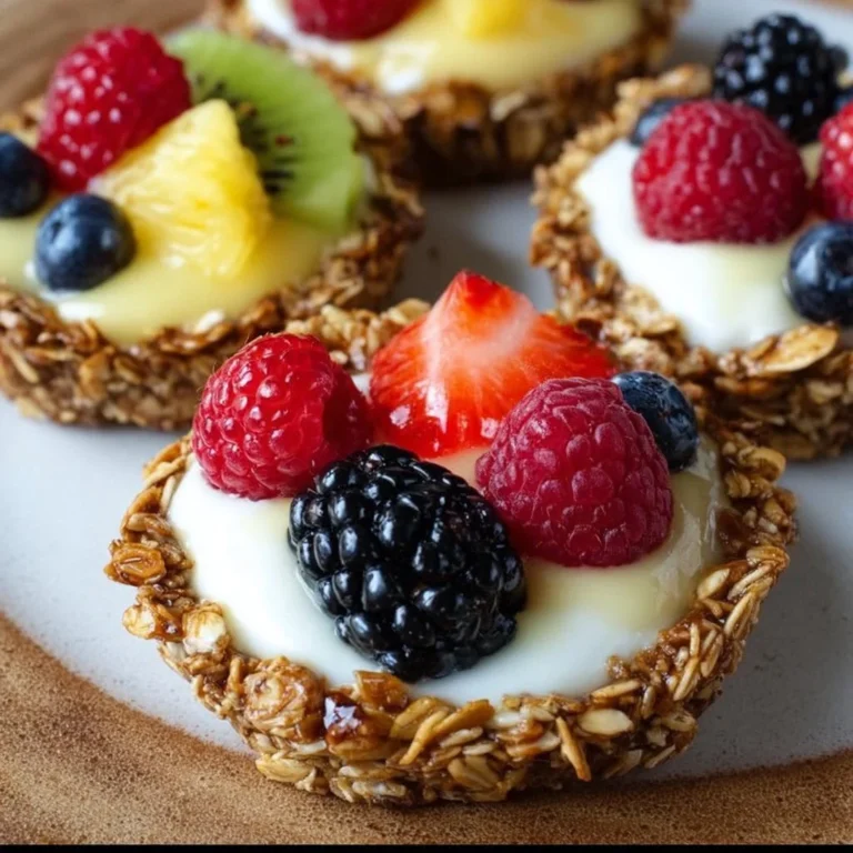 Breakfast Fruit Tarts with Granola Crust topped with fresh fruits