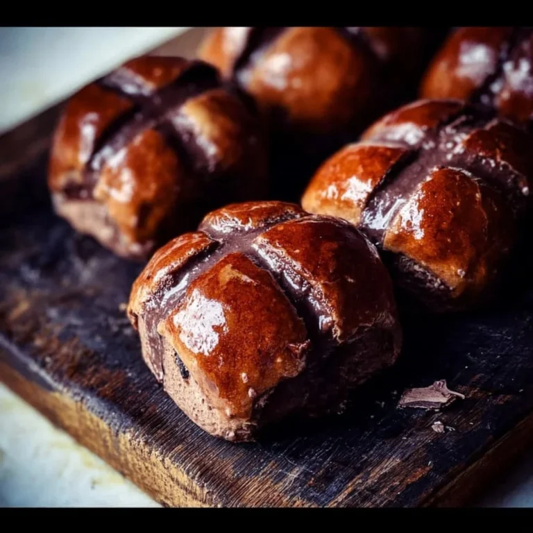 Brioche chocolate hot cross buns fresh out of the oven, topped with a cross.