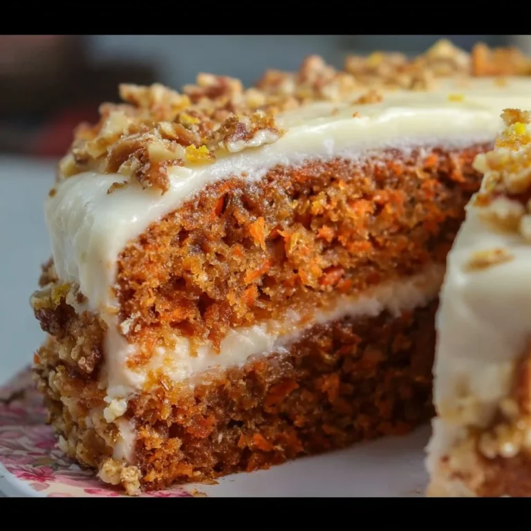 Delicious homemade carrot cake with cream cheese frosting on a wooden table