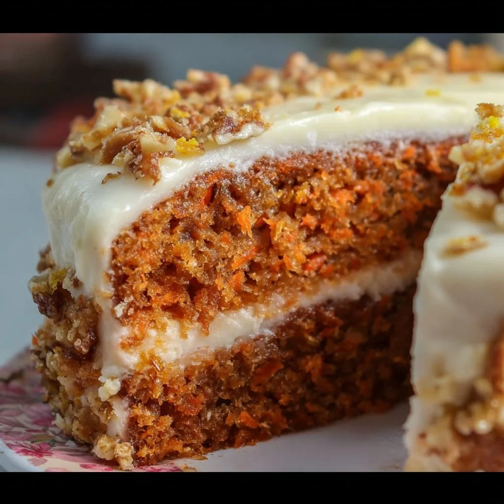 Delicious homemade carrot cake with cream cheese frosting on a wooden table