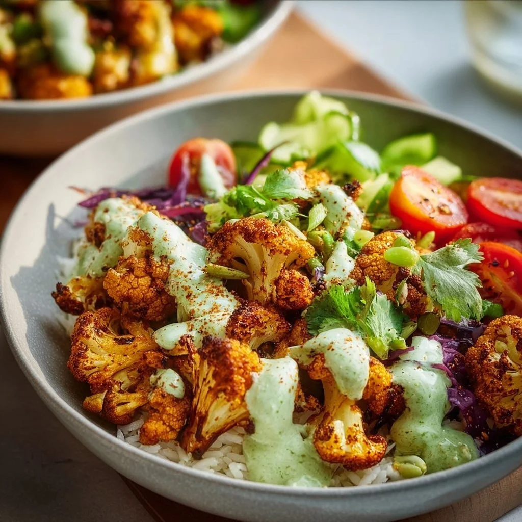 Delicious cauliflower shawarma bowl with fresh vegetables and spices