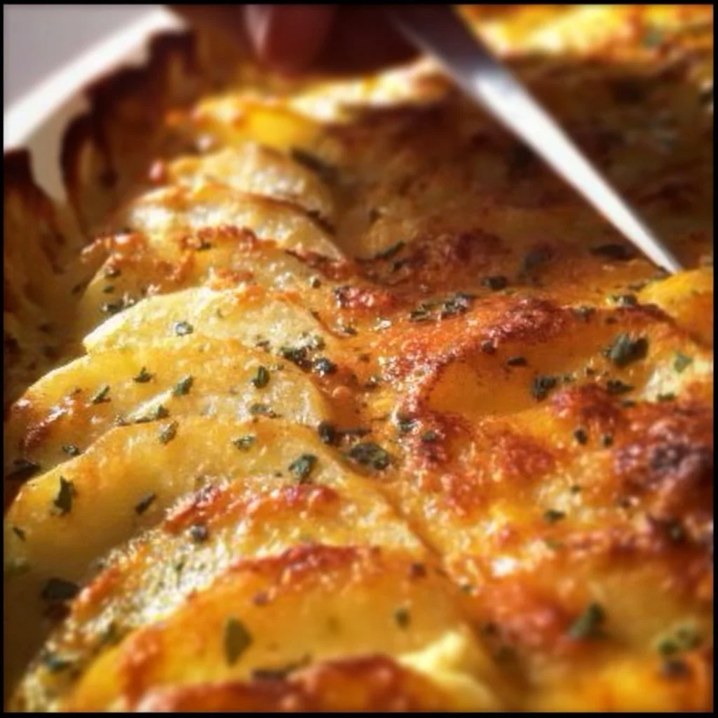 Creamy cheesy scalloped potatoes baked to perfection