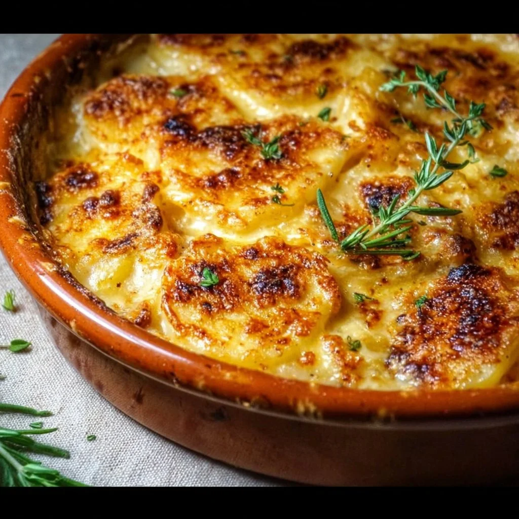 Baked cheesy scalloped potatoes topped with melted cheese and herbs