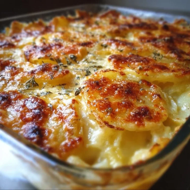 Baked cheesy scalloped potatoes served in a dish for a hearty side dish