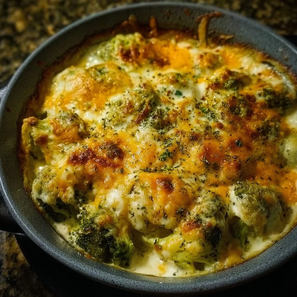 Cheesy vegetable side dish served in a bowl with fresh ingredients