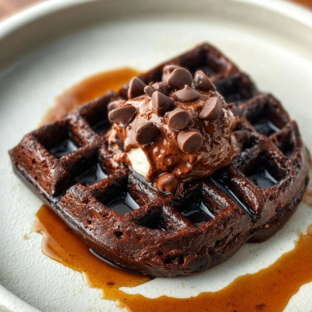 Delicious chocolatey brownie waffle topped with chocolate syrup and whipped cream.