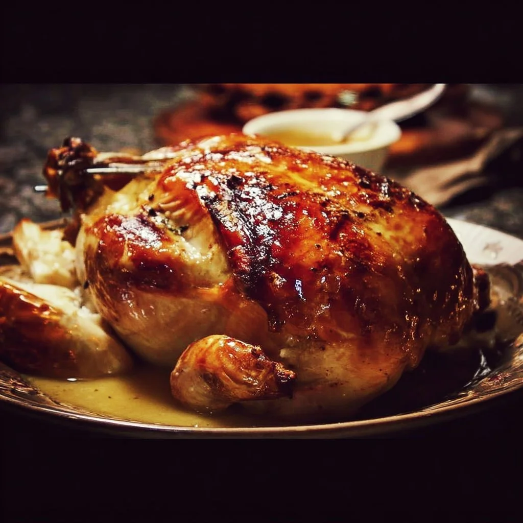 Cider brined roast chicken on a platter with herbs and spices