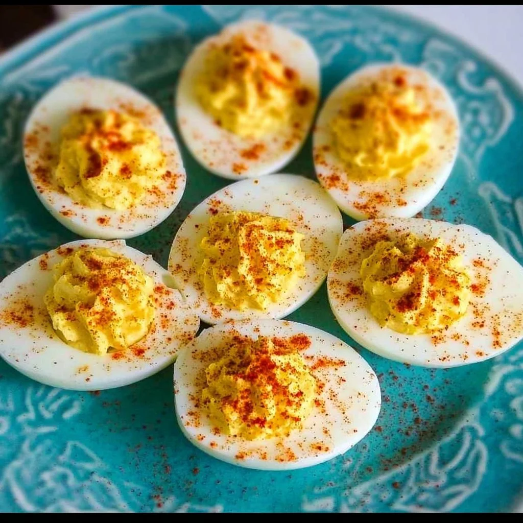 A platter of classic deviled eggs garnished with paprika and herbs.