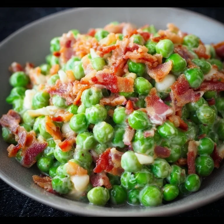 Delicious classic pea salad with bacon on a plate
