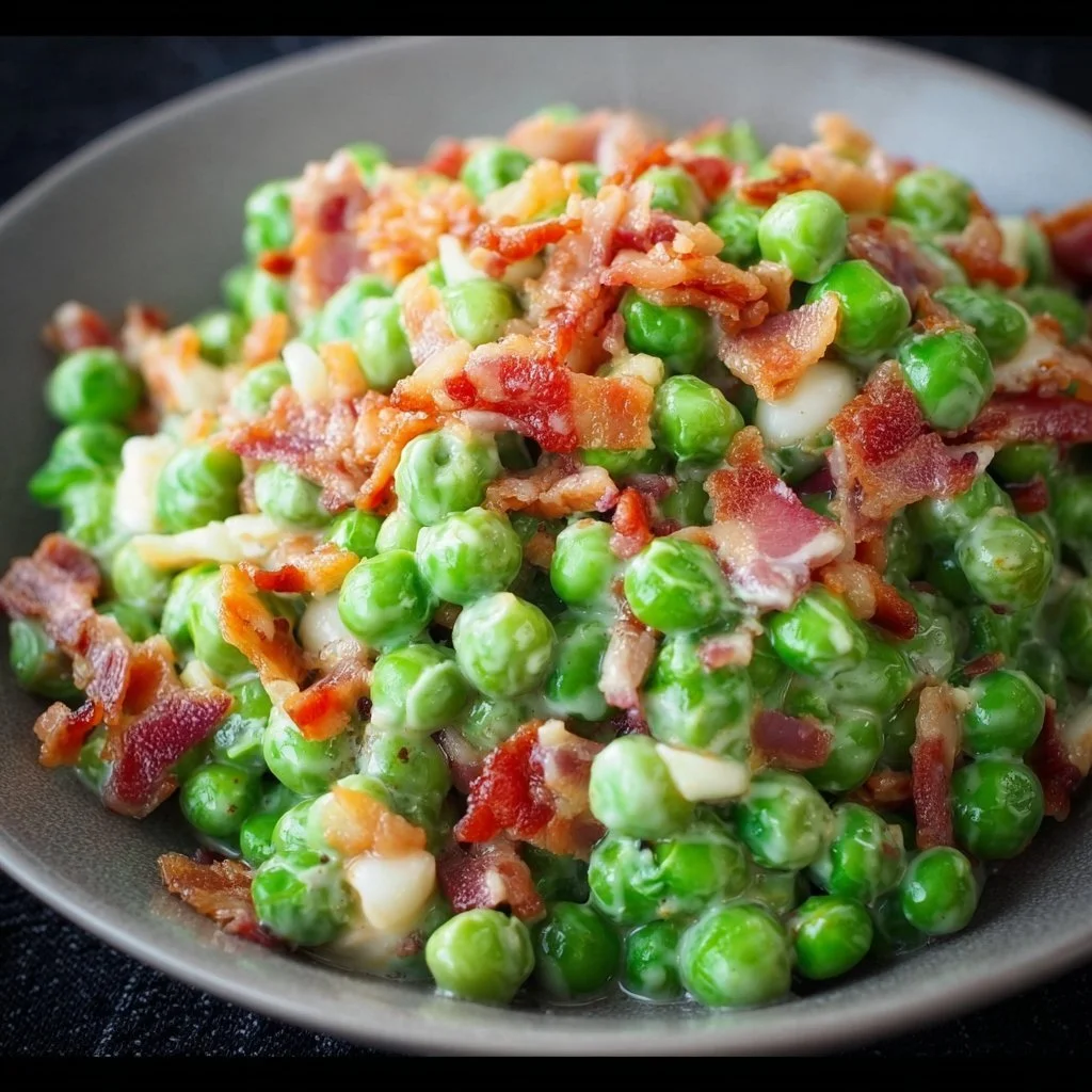 Delicious classic pea salad with bacon on a plate
