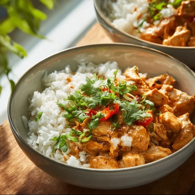Coconut chicken rice bowls topped with fresh herbs and vegetables
