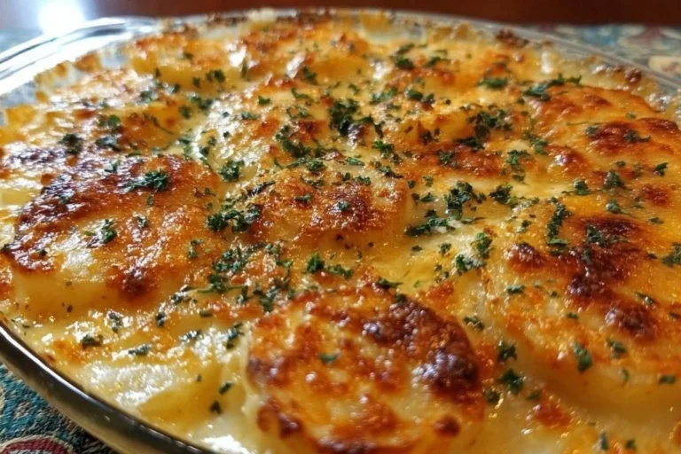 Creamy copycat Ruth's Chris Potatoes au Gratin served in a baking dish
