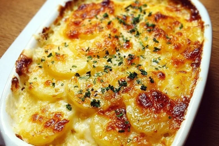 Creamy au gratin potatoes baked with cheese and herbs