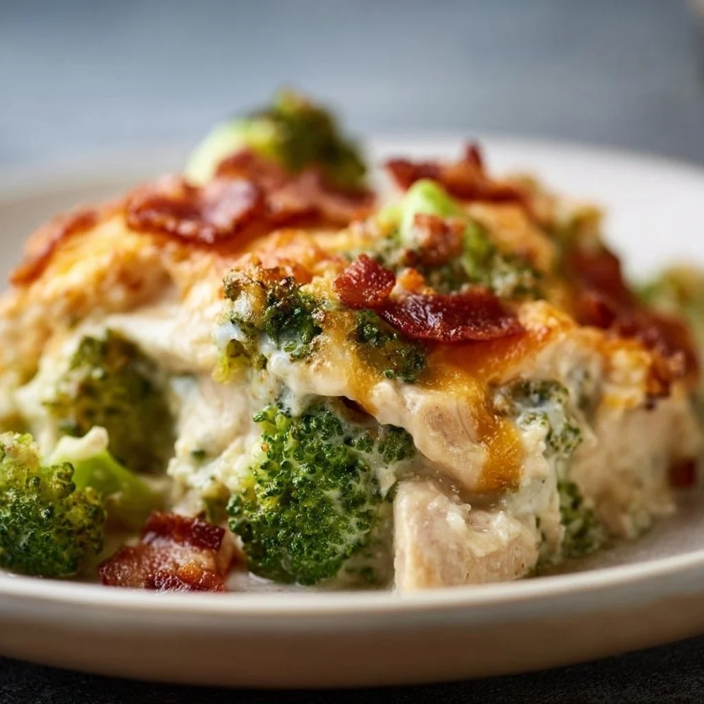 Creamy low carb chicken casserole with broccoli and bacon in a serving dish