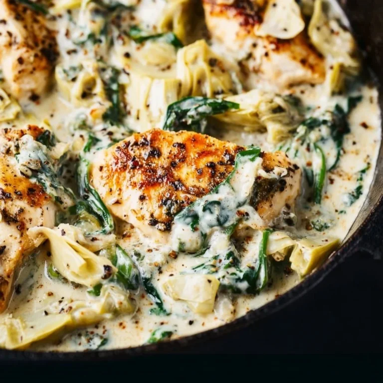 Creamy spinach artichoke chicken skillet served with fresh herbs