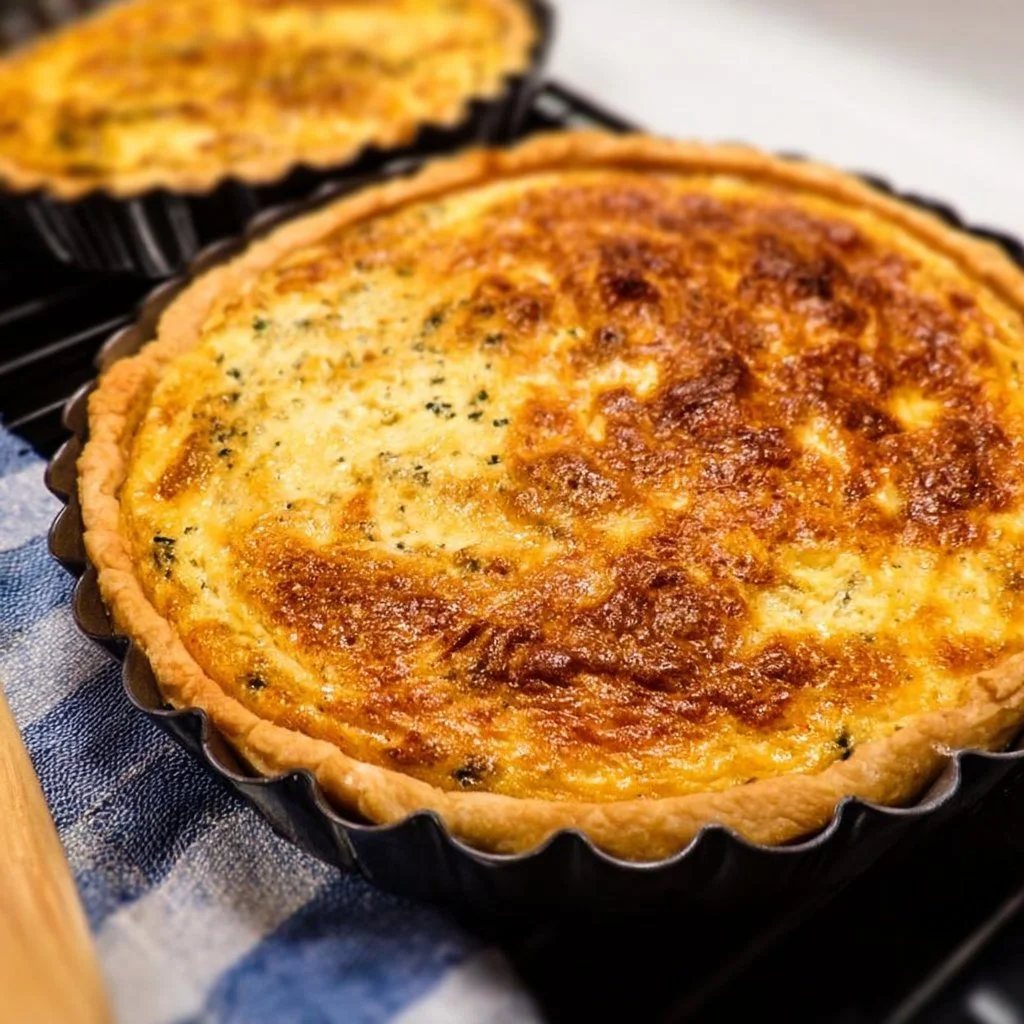 A beautifully baked quiche with vegetables and cheese, served on a plate.