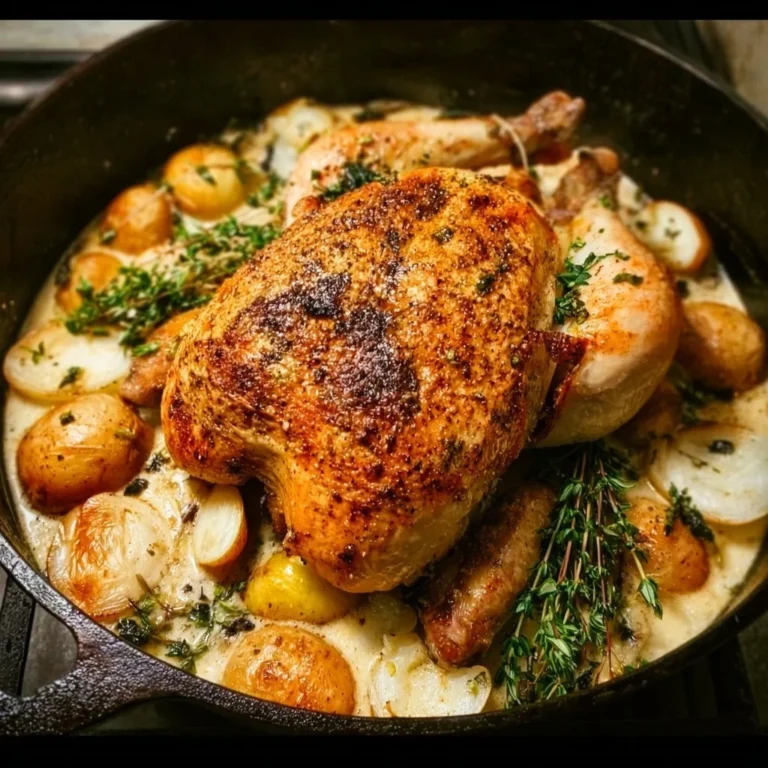Delicious Dutch Oven Roast Chicken served with herbs and vegetables