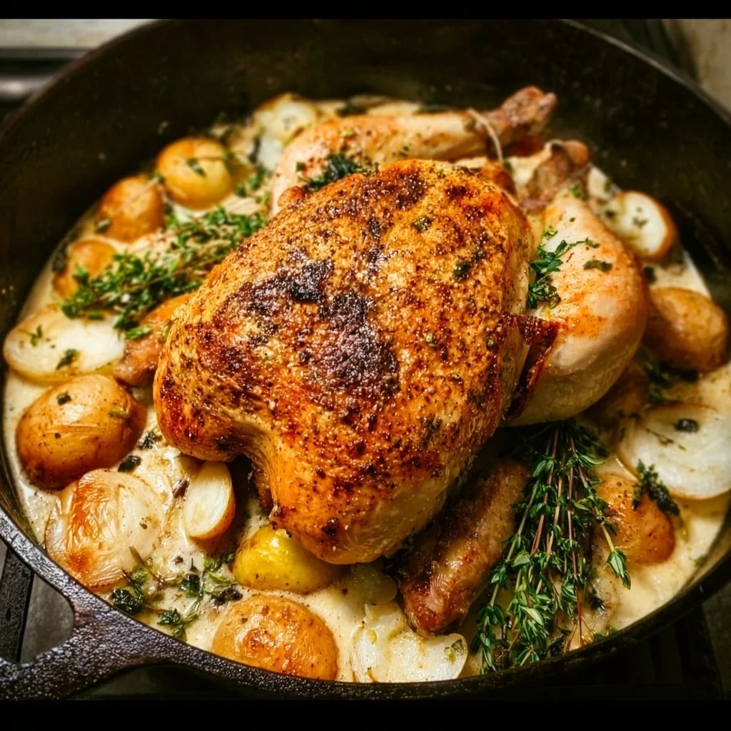 Delicious Dutch Oven Roast Chicken served with herbs and vegetables