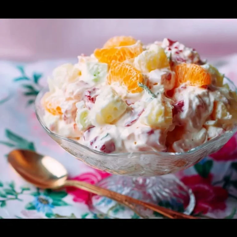 Colorful Easter Ambrosia Salad with fruits and marshmallows in a bowl
