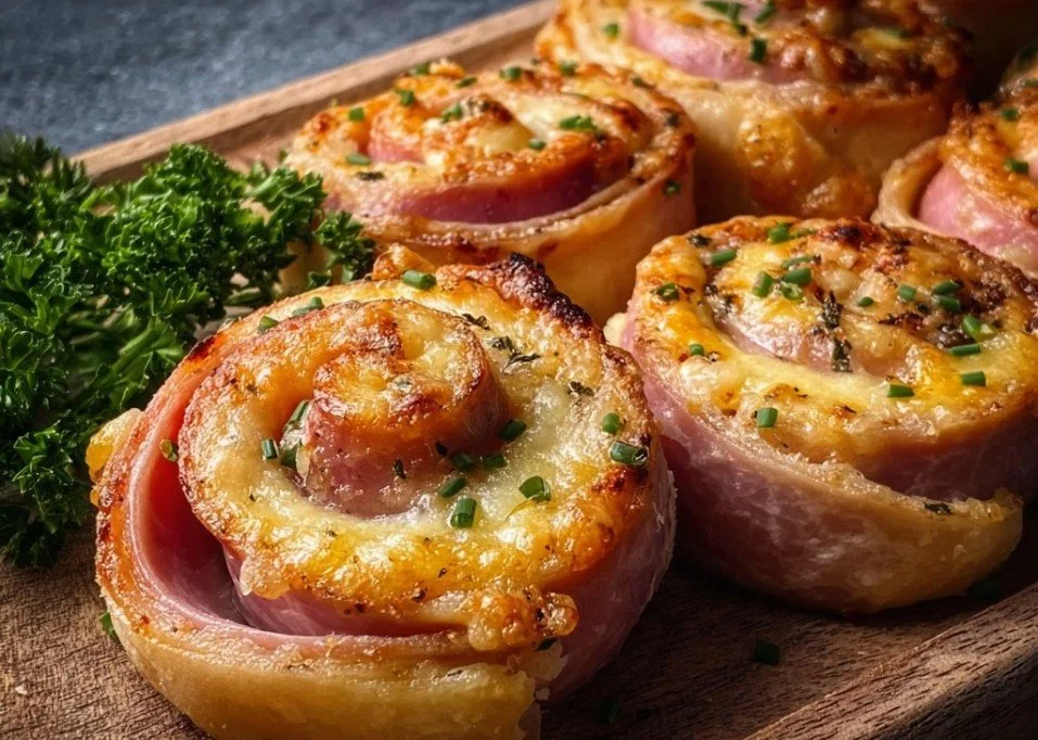 Easter ham and Cheddar Pinwheels served on a festive table
