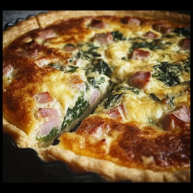 Easter quiche with ham and spinach served on a festive table