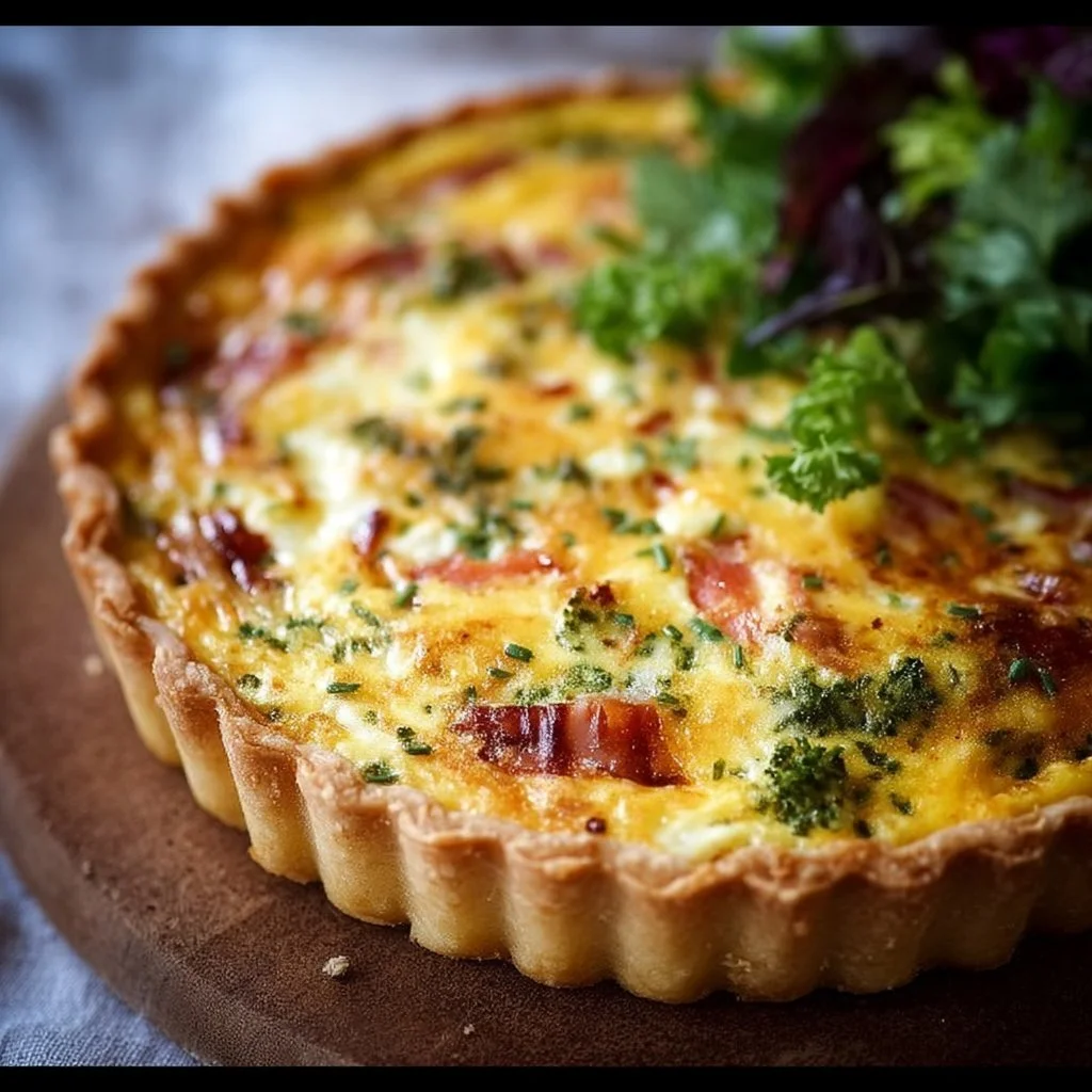 Slice of easy breakfast quiche with eggs, cheese, and vegetables