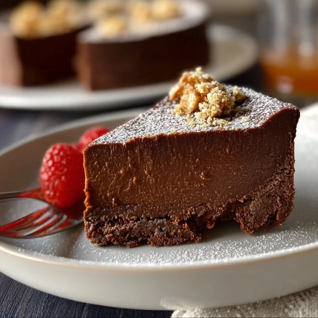 Deliciously easy chocolate torte topped with chocolate ganache and raspberries