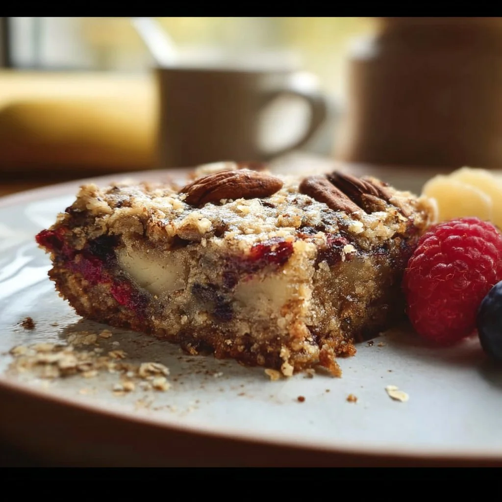 Easy gluten free breakfast bars stacked on a plate with fresh fruits.