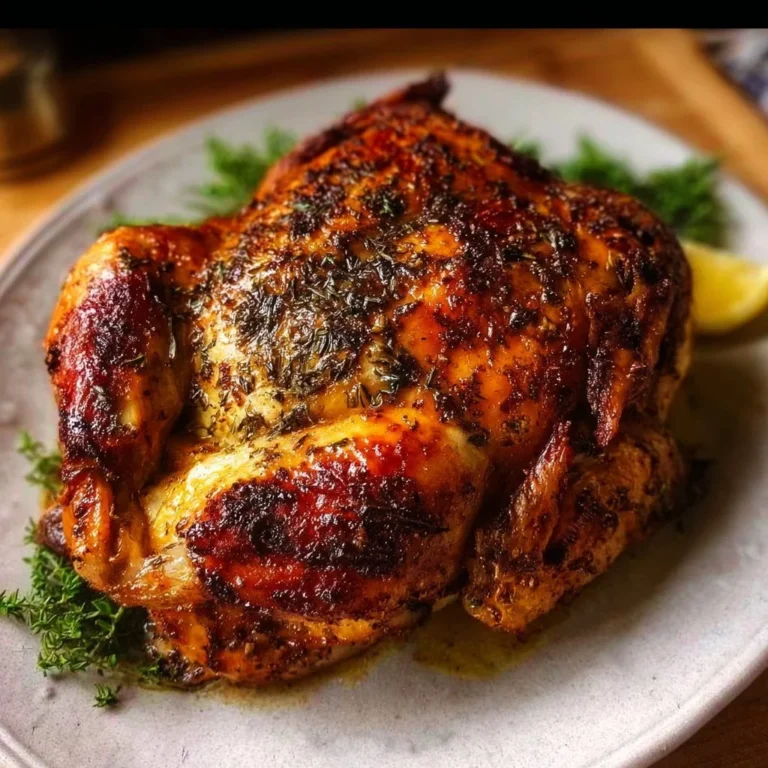 Golden brown easy roast chicken served on a platter with herbs.