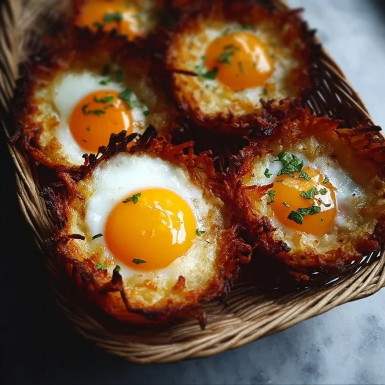 Eggs nestled in crispy hash brown baskets, a delicious brunch recipe