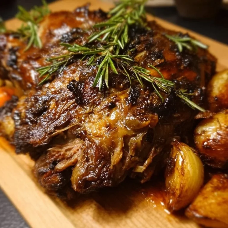 Delicious fork-tender slow-roasted lamb shoulder served on a platter.
