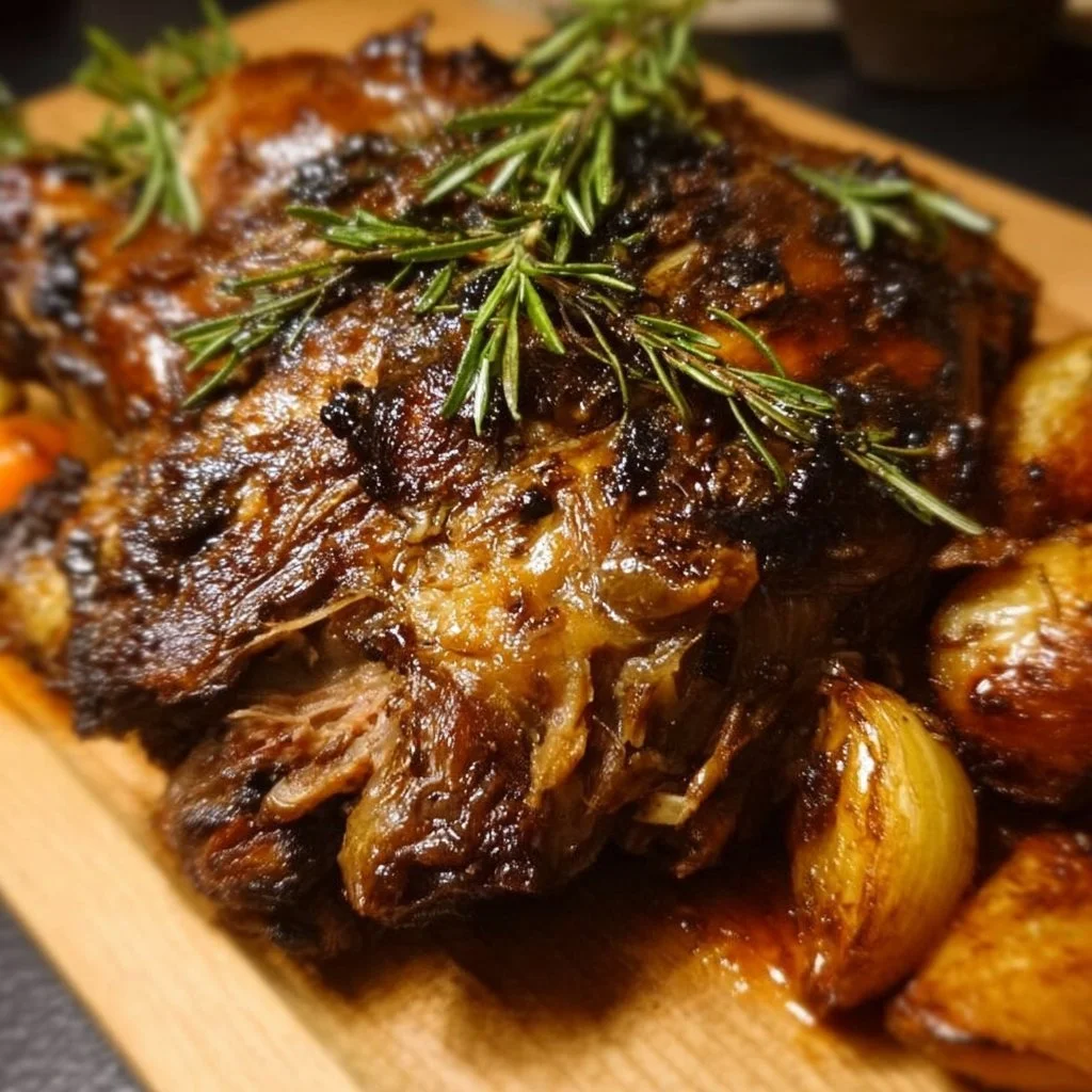 Delicious fork-tender slow-roasted lamb shoulder served on a platter.
