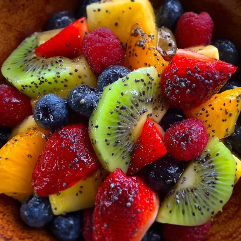 Fresh fruit salad with honey lime poppy seed dressing served in a bowl.