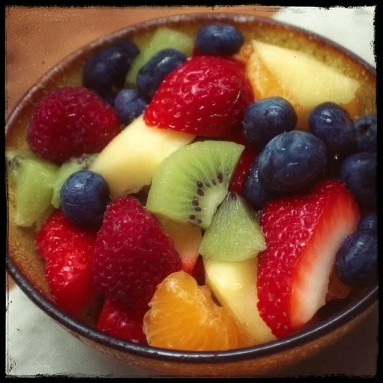 Colorful and fresh fruit salad served in a bowl with various fruits.