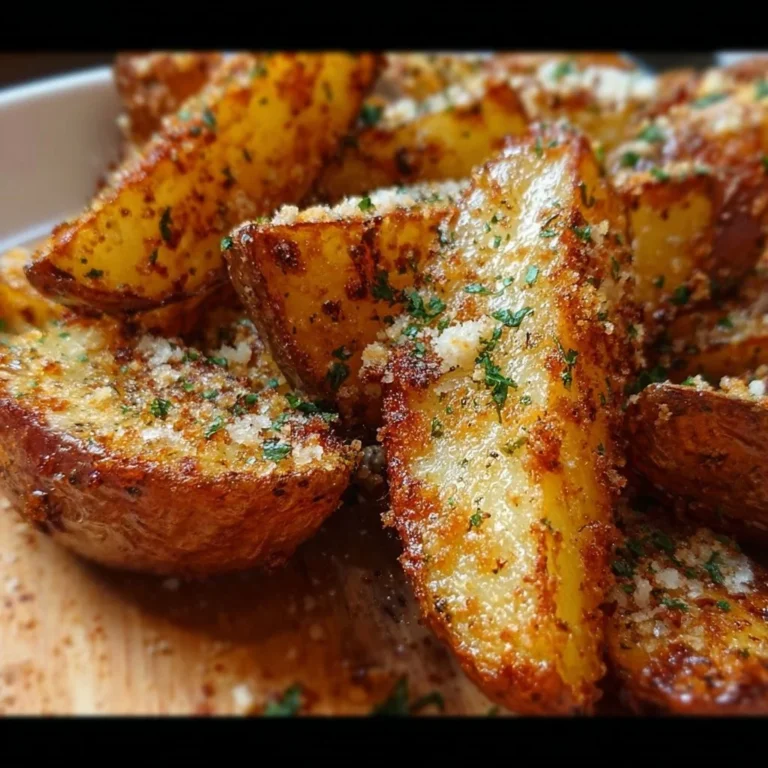 Crispy Garlic Parmesan Potato Wedges served on a plate, garnished with herbs
