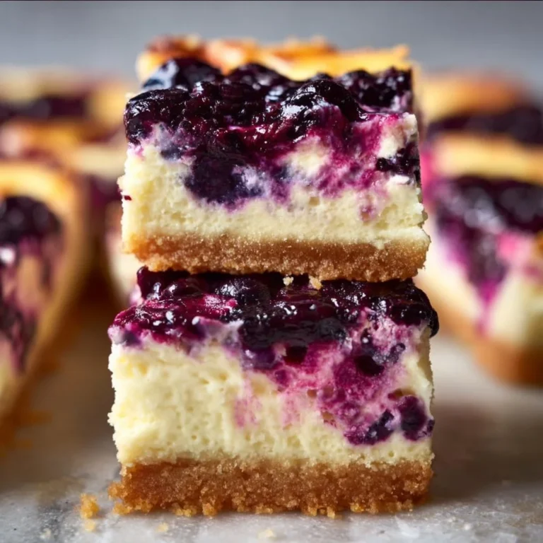 Gluten-free blueberry cheesecake bars with a creamy filling and blueberry topping