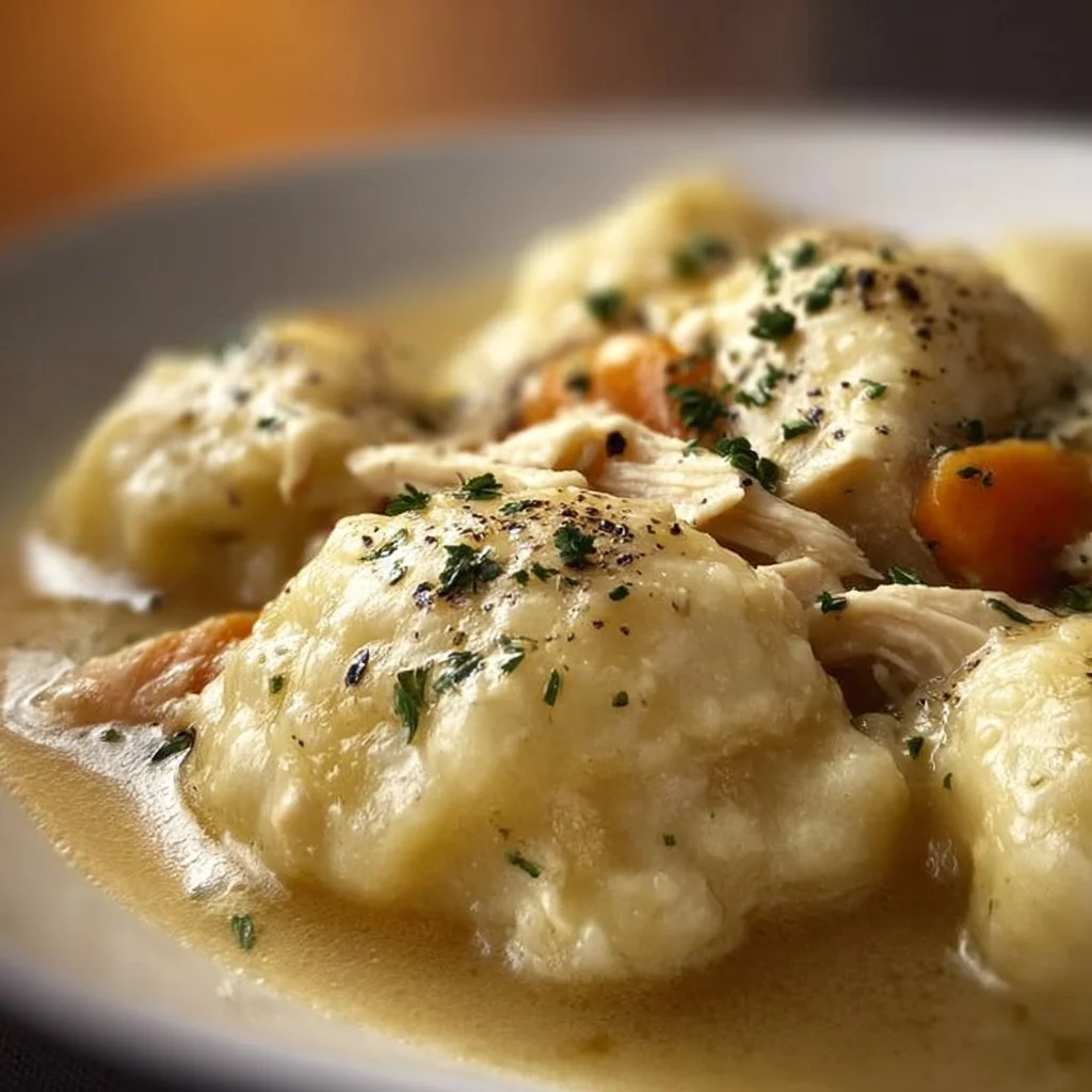 Delicious gluten-free chicken and dumplings served in a bowl.
