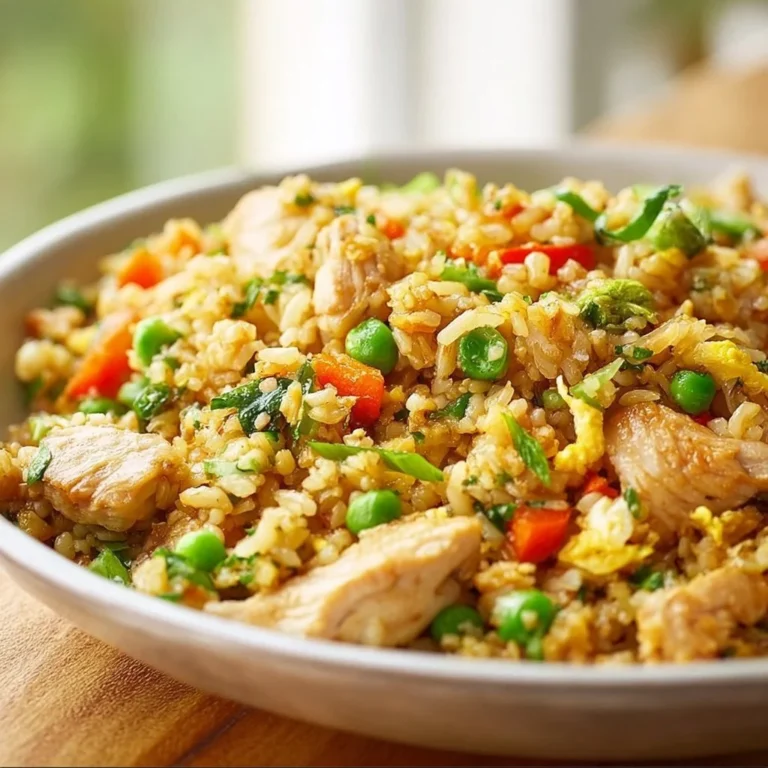 Bowl of gluten-free chicken fried rice with colorful vegetables and chicken pieces