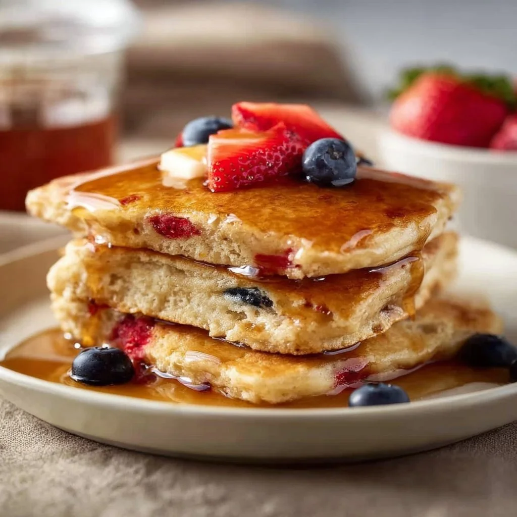 Gluten-free sheet pan pancakes served with syrup and fresh berries