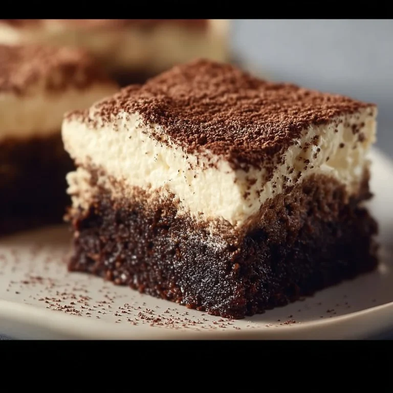 Gluten free tiramisu brownies with coffee and chocolate, topped with cocoa powder.