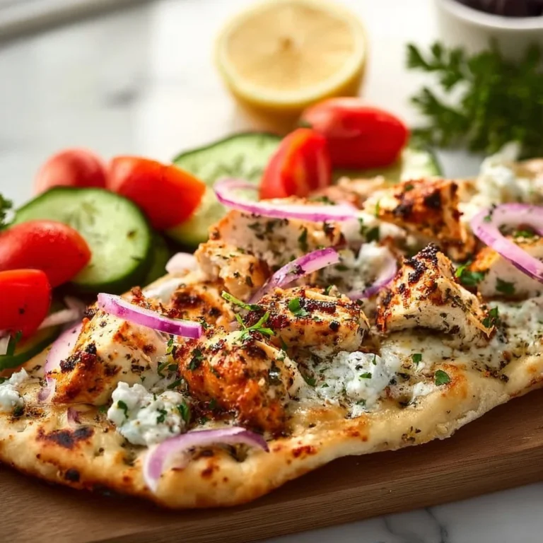 Greek chicken flatbread topped with fresh vegetables and herbs
