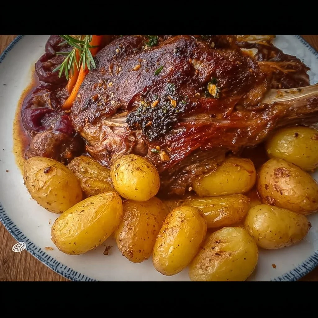 Greek slow roast leg of lamb with potatoes on a rustic table