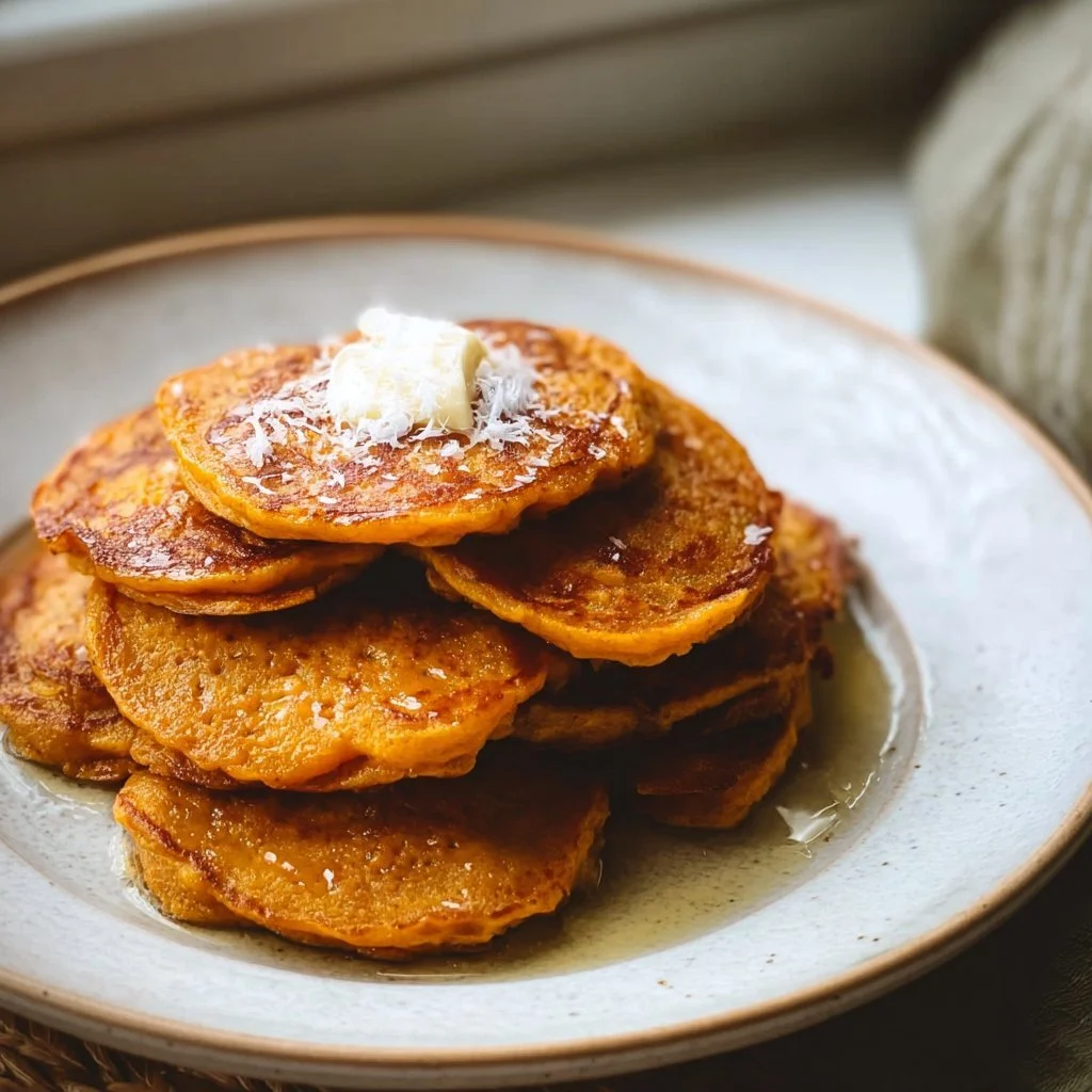 Healthy sweet potato pancakes served on a plate with maple syrup and fruit.